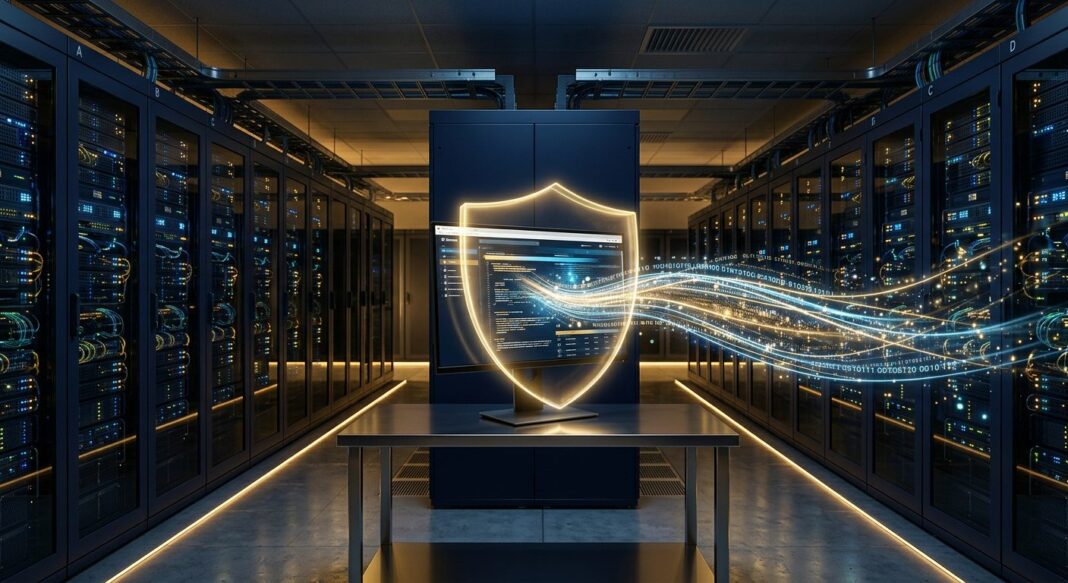 Firefly gemini flash a dark navy server room with rows of glowing data racks soft gold light streaming th 199795