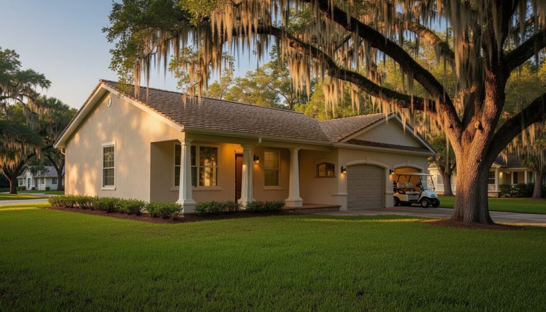 Firefly a cozy right sized single story florida home in ocala at golden hour light stucco e 10459