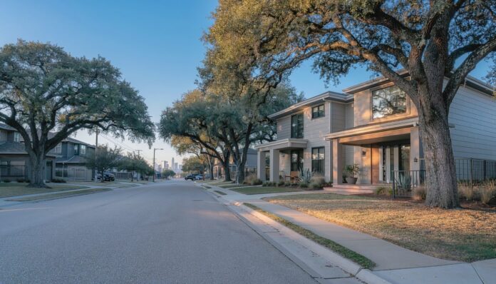 Firefly realistic photograph of a quiet residential street in central austin texas in early 446731