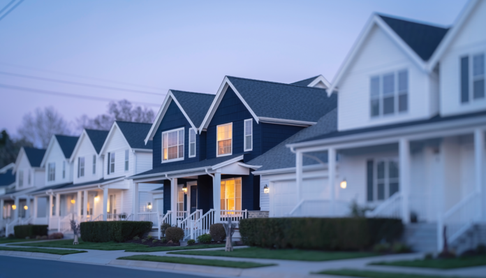 Firefly realistic photograph of a row of identical white suburban houses with one navy blue h 173156