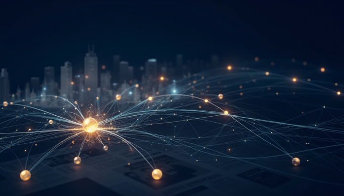 Firefly editorial photograph of a network visualization concept glowing interconnected node 576798