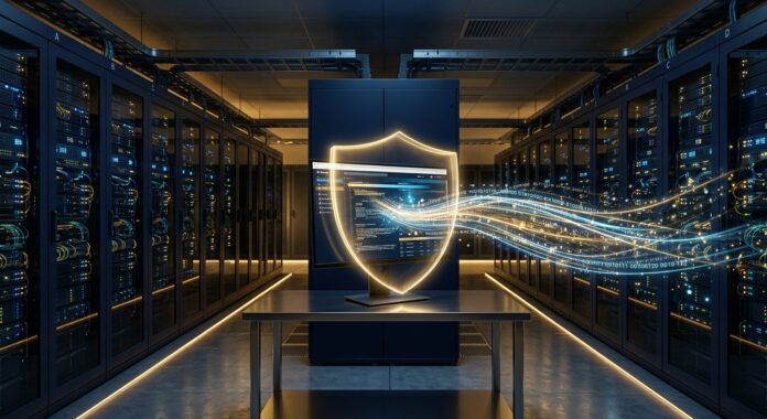 Firefly gemini flash a dark navy server room with rows of glowing data racks soft gold light streaming th 199795