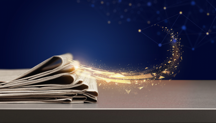 Firefly a stack of newspapers on a desk transforming into glowing gold digital particles that 689129 1